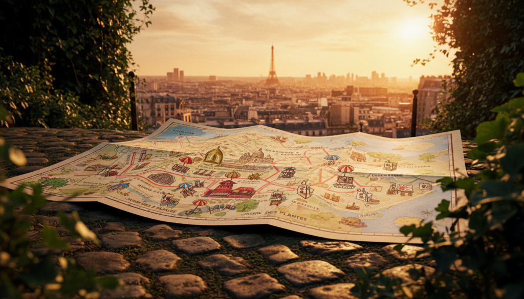 A detailed map of tourist attractions in Montmartre and the northern areas of Paris, showcasing iconic landmarks like the Sacré-Cœur Basilica, bustling cafés, and charming streets filled with artist stalls. In the foreground, intricate textures highlight the cobbled streets and lush greenery of the area. The middle ground features notable sites marked with elegant icons and colorful labels, ensuring clarity and an inviting feel. The background presents a vibrant Parisian skyline under golden hour lighting, casting warm hues over the scene. The image should have a raw photographic quality, with cinematic lighting and an 8k resolution to capture every detail, evoking a lively and artistic atmosphere.