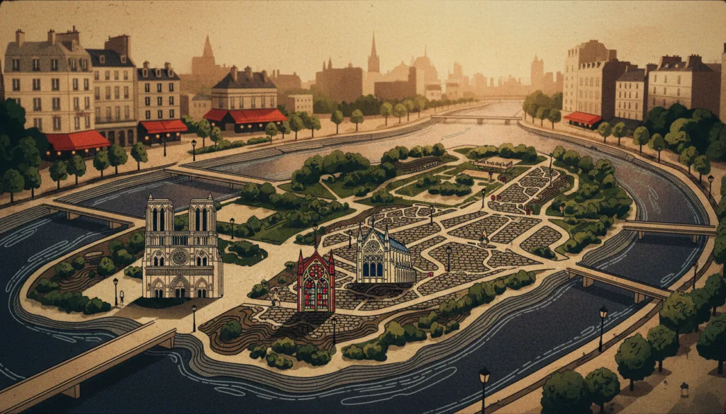 Un mapa detallado de atracciones turísticas que destaca específicamente las islas históricas de París, representando la Île de la Cité y la Île Saint-Louis. En primer plano, iconos vibrantes marcan lugares emblemáticos como la Catedral de Notre-Dame, la Sainte-Chapelle y las pintorescas calles de la Île Saint-Louis. La capa intermedia debe presentar texturas ricas, mostrando la exuberante vegetación de los parques y el río Sena serpenteando alrededor de las islas. Al fondo, un toque de arquitectura parisina, incluyendo edificios encantadores y cafeterías animadas, enclavadas bajo una suave iluminación dorada que crea una atmósfera cálida y acogedora. La composición debe transmitir una experiencia inmersiva, con detalles intrincados representados en resolución 8k para mayor claridad y profundidad. Esta imagen debe ser una representación fotográfica impactante y natural, sin superposiciones de texto ni distracciones.
