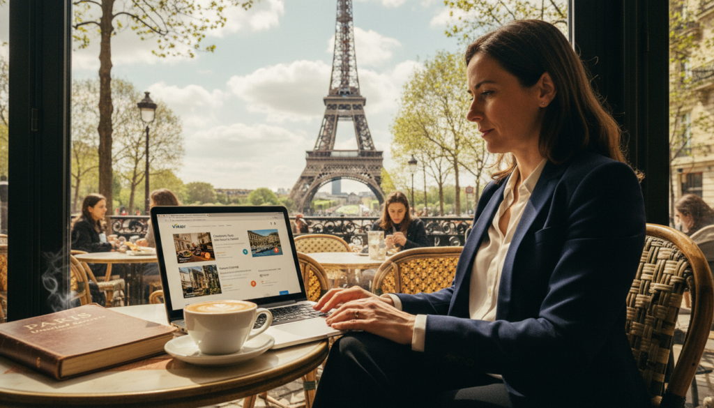 Wani cikakken bayani, mai kama da gaske wanda ke nuna wani mai sha'awar tafiye-tafiye yana yawo a gidan yanar gizon Viator akan kwamfutar tafi-da-gidanka, zaune a wani gidan cin abinci mai kyau na Paris tare da kallon Hasumiyar Eiffel a bango. Gaban gidan yana nuna allon kwamfutar tafi-da-gidanka yana nuna hotuna masu haske na tafiye-tafiye daban-daban, yayin da littafin jagora na tafiye-tafiye da kofin kofi ke ƙara yanayi. A tsakiya, matafiyin, sanye da kayan kasuwanci na ƙwararru, yana mai da hankali kuma yana mai da hankali, tare da haske mai laushi na halitta yana haskaka fuskarsa. Bayan gidan yana nuna yanayin gidan cin abinci mai cike da jama'a, tare da masu cin abinci suna jin daɗin abincinsu, da kuma kyawawan bishiyoyi a kan tituna. An ɗauki hoton a cikin ƙudurin 8k tare da hasken sinima, hoton yana nuna jin daɗi da kuma tsammanin binciken Paris ta hanyar yawon shakatawa da aka tsara. Wani cikakken bayani, mai kama da gaske wanda ke nuna wani mai sha'awar tafiye-tafiye yana yawo a gidan yanar gizon Viator akan kwamfutar tafi-da-gidanka, zaune a wani gidan cin abinci mai kyau na Paris tare da kallon Hasumiyar Eiffel a bango. Gaban gidan yana nuna allon kwamfutar tafi-da-gidanka yana nuna hotuna masu haske na tafiye-tafiye daban-daban, yayin da littafin jagora na tafiye-tafiye da kofin kofi ke ƙara yanayi. A tsakiya, matafiyin, sanye da kayan kasuwanci na ƙwararru, yana mai da hankali kuma yana mai da hankali, tare da haske mai laushi na halitta yana haskaka fuskarsa. Bayan gidan yana nuna yanayin gidan cin abinci mai cike da jama'a, tare da masu cin abinci suna jin daɗin abincinsu, da kuma kyawawan bishiyoyi a kan tituna. An ɗauki hoton a cikin ƙudurin 8k tare da hasken sinima, hoton yana nuna jin daɗi da kuma tsammanin binciken Paris ta hanyar yawon shakatawa da aka tsara.