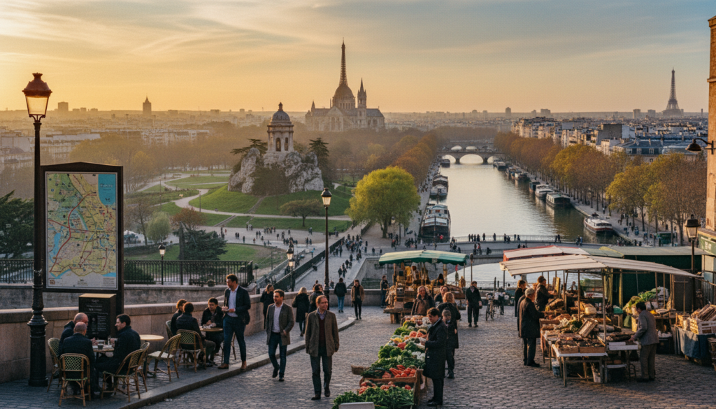 A detailed visual representation of the Eastern and outer districts of Paris, showcasing notable attractions worth mapping. In the foreground, vibrant street scenes featuring charming cafes and bustling markets, with local residents dressed in professional business attire or modest casual clothing. The middle ground reveals iconic landmarks such as the Parc des Buttes-Chaumont, the Basilica of Saint-Denis, and the picturesque Canal de l'Ourcq, all rendered in highly detailed textures. In the background, the Paris skyline glistens under soft, cinematic lighting, with warm hues of sunset illuminating the scene. The image is captured in an 8k resolution, with a focus on depth and clarity, evoking a welcoming and vibrant atmosphere that highlights the charm and uniqueness of these underexplored areas of Paris.