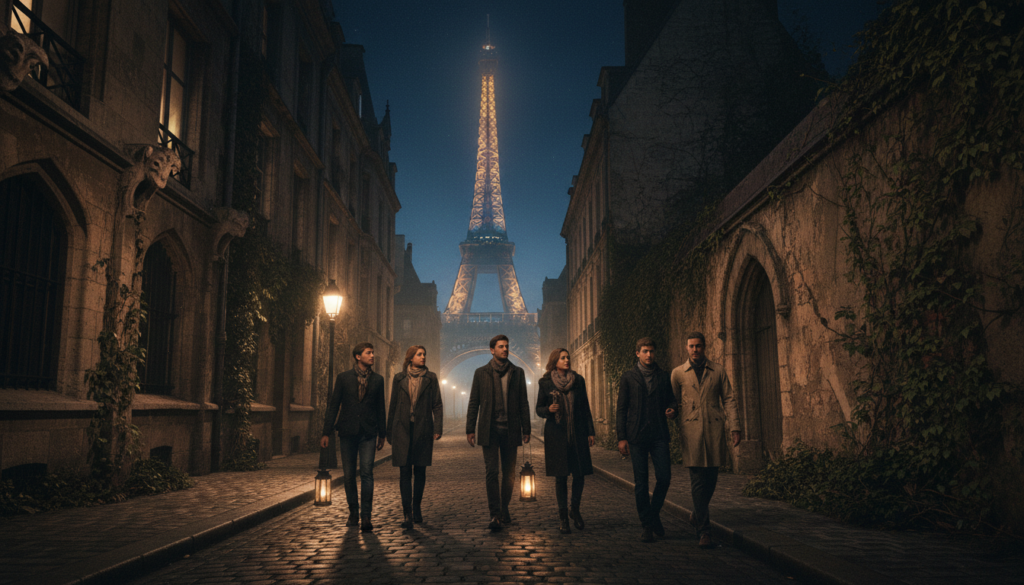Blāvi apgaismota Parīzes iela naktī ar vēsturiskām ēkām, kas rotātas ar gotikas arhitektūru. Priekšplānā tūristu grupa, ģērbusies eleganti ikdienišķā apģērbā, klusi pastaigājas laternas pavadībā, viņu sejās ir gan intrigas, gan bažu sajaukums. Viņi apstājas pie vecas, drūpošas sienas, kas apaugusi ar efejām un norāda uz spokainu pagātni. Vidusdaļā redzams bruģakmens celiņš, kas mirdz ielu laternu maigajā gaismā, savukārt stūros baisi dejo ēnas. Fonā pret nakts debesīm iezīmējas Eifeļa torņa siluets, daļēji aizsegts miglas vēsmās. Aina ir izgaismota ar kinematogrāfisku apgaismojumu, kas uzsver akmens tekstūras un noslēpumaino atmosfēru. Uzņemts 8k izšķirtspējā ar platleņķa objektīvu, lai radītu dziļumu.