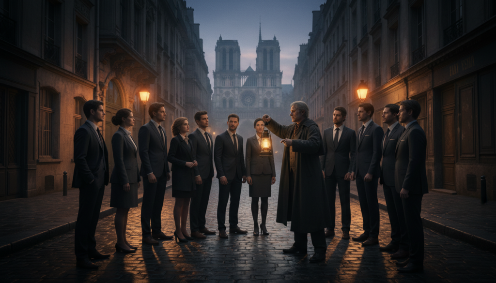 گودھولی کے وقت پیرس کی ایک مدھم روشنی والی گلی، جو ایک تاریخی جرم اور پراسرار دورے کا ماحولیاتی منظر پیش کرتی ہے۔ پیش منظر میں، پیشہ ورانہ کاروباری لباس میں ملبوس متنوع شرکاء کا ایک گروپ، ایک پرانی لالٹین پکڑے ایک گائیڈ کو توجہ سے سنتا ہے، ان کے تاثرات سازش سے بھرے ہوتے ہیں۔ درمیانی گراؤنڈ میں، صدیوں پرانی عمارتیں جن کے چہرے پر موسم خستہ ہے، ایک خوفناک پس منظر بناتے ہیں، جب کہ موچی پتھر کی پیچیدہ گلیوں میں ساخت شامل ہوتی ہے۔ پس منظر میں نوٹرے-ڈیم کیتھیڈرل کا سلیویٹ جزوی طور پر دھند میں چھایا ہوا ہے، جس سے پراسرار ماحول میں اضافہ ہوتا ہے۔ اس منظر کو ایک سنیما لینز کے ساتھ کیپچر کیا گیا ہے، جس میں گرم، نرم روشنی پر توجہ مرکوز کی گئی ہے جو ڈرامائی سائے ڈالتی ہے، ایک اشتعال انگیز اور عمیق موڈ پیدا کرتی ہے۔ تصویر شاندار 8k ریزولوشن میں ہونی چاہیے، جس میں تفصیلی ساخت اور رات کے وقت پیرس کی دلکش رغبت کو نمایاں کیا جائے۔ گودھولی کے وقت پیرس کی ایک مدھم روشنی والی گلی، جو ایک تاریخی جرم اور پراسرار دورے کا ماحولیاتی منظر پیش کرتی ہے۔ پیش منظر میں، پیشہ ورانہ کاروباری لباس میں ملبوس متنوع شرکاء کا ایک گروپ، ایک پرانی لالٹین پکڑے ایک گائیڈ کو توجہ سے سنتا ہے، ان کے تاثرات سازش سے بھرے ہوتے ہیں۔ درمیانی گراؤنڈ میں، صدیوں پرانی عمارتیں جن کے چہرے پر موسم خستہ ہے، ایک خوفناک پس منظر بناتے ہیں، جب کہ موچی پتھر کی پیچیدہ گلیوں میں ساخت شامل ہوتی ہے۔ پس منظر میں نوٹرے-ڈیم کیتھیڈرل کا سلیویٹ جزوی طور پر دھند میں چھایا ہوا ہے، جس سے پراسرار ماحول میں اضافہ ہوتا ہے۔ اس منظر کو ایک سنیما لینز کے ساتھ کیپچر کیا گیا ہے، جس میں گرم، نرم روشنی پر توجہ مرکوز کی گئی ہے جو ڈرامائی سائے ڈالتی ہے، ایک اشتعال انگیز اور عمیق موڈ پیدا کرتی ہے۔ تصویر شاندار 8k ریزولوشن میں ہونی چاہیے، جس میں تفصیلی ساخت اور رات کے وقت پیرس کی دلکش رغبت کو نمایاں کیا جائے۔