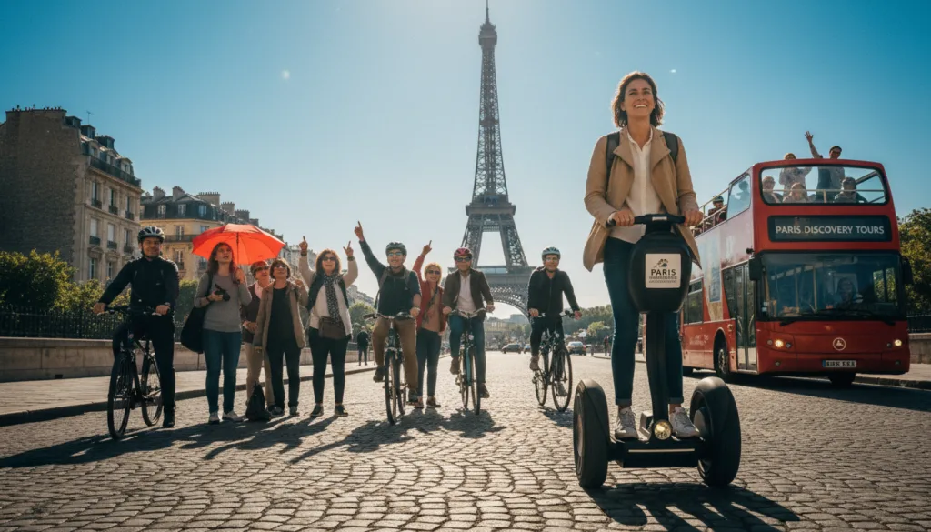 Une scène dynamique comparant les visites en Segway à d'autres options de découverte de Paris. Au premier plan, un Segway élégant, conduit par un homme en tenue décontractée chic, arborant un sourire engageant. Au centre, un groupe hétéroclite de touristes participant à une visite à pied, à vélo ou en bus classique, chacun avec sa tenue unique et son enthousiasme communicatif. La Tour Eiffel se dresse majestueusement en arrière-plan, sous un ciel d'un bleu limpide, où la douce lumière du soleil projette des ombres chaudes, sublimant les textures des pavés et des bâtiments parisiens. L'atmosphère se veut vibrante, propice à la découverte et accueillante, capturée dans un style photographique brut, avec un éclairage cinématographique et une résolution 8K pour une netteté optimale des détails.