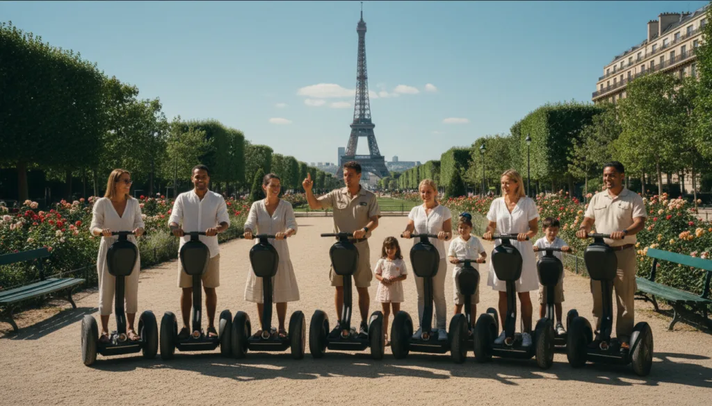 Une balade en Segway idéale pour les familles, dans un parc parisien pittoresque par une belle journée ensoleillée. Au premier plan, un groupe de familles souriantes, parents et enfants vêtus de tenues décontractées, participent à une initiation avec un guide expérimenté. Au second plan, une vue imprenable sur des monuments parisiens emblématiques comme la Tour Eiffel, entourée d'une végétation luxuriante et de fleurs épanouies. Le ciel d'un bleu limpide à l'arrière-plan accentue l'atmosphère lumineuse. Capturez cette scène avec un éclairage cinématographique pour sublimer la chaleur et la joie de l'instant, grâce à des textures très détaillées qui donnent vie aux Segways, au parc et aux bâtiments. Visez une résolution 8K, filmée depuis un angle légèrement surélevé, pour créer une ambiance chaleureuse et joyeuse.