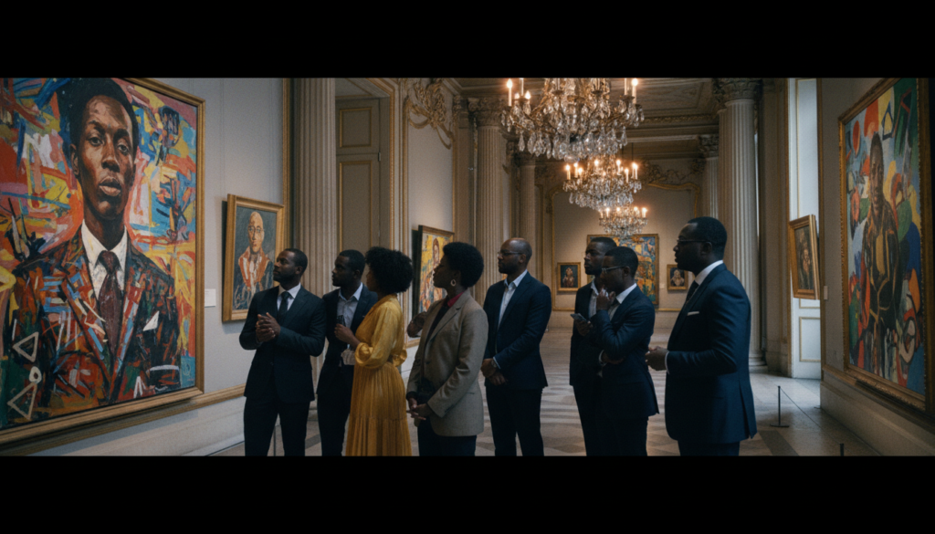 Un grup de turiști afro-americani diverși, îmbrăcați în ținute elegante, dar profesionale, se plimbă printr-o galerie de artă istorică și elegantă din Paris. Prim-planul le dezvăluie expresiile implicate în timp ce admiră picturile vibrante ale unor artiști afro-americani renumiți. La mijloc, pereții înalți și ornamentați prezintă opere de artă înrămate, scăldate într-o iluminare cinematografică caldă și moale, care accentuează texturile bogate atât ale artei, cât și ale arhitecturii. Fundalul prezintă coloane impunătoare și candelabre frumoase, contribuind la o atmosferă rafinată. Scena surprinde un moment de apreciere culturală și conexiune cu arta, evocând un sentiment de uimire și explorare. Imaginea este în stil fotografic brut, infuzată cu texturi extrem de detaliate, în rezoluție 8k.