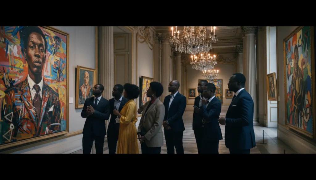 Un groupe de touristes afro-américains, vêtus avec élégance et professionnalisme, déambule dans une galerie d'art historique et raffinée de Paris. Au premier plan, leurs visages captivés se dévoilent tandis qu'ils admirent les vibrantes toiles d'artistes afro-américains de renom. Au second plan, de hauts murs richement ornés mettent en valeur des œuvres encadrées, baignées d'une lumière douce et chaleureuse, presque cinématographique, qui souligne la richesse des textures, tant artistiques qu'architecturales. À l'arrière-plan, de majestueuses colonnes et de magnifiques lustres contribuent à créer une atmosphère distinguée. La scène saisit un instant d'appréciation culturelle et de connexion à l'art, suscitant un sentiment d'émerveillement et de découverte. L'image, de style photographique brut, est d'une résolution 8K et présente des textures d'une grande précision. Un groupe de touristes afro-américains, vêtus avec élégance et professionnalisme, déambule dans une galerie d'art historique et raffinée de Paris. Au premier plan, leurs visages captivés se dévoilent tandis qu'ils admirent les vibrantes toiles d'artistes afro-américains de renom. Au second plan, de hauts murs richement ornés mettent en valeur des œuvres encadrées, baignées d'une lumière douce et chaleureuse, presque cinématographique, qui souligne la richesse des textures, tant artistiques qu'architecturales. À l'arrière-plan, de majestueuses colonnes et de magnifiques lustres contribuent à créer une atmosphère distinguée. La scène saisit un instant d'appréciation culturelle et de connexion à l'art, suscitant un sentiment d'émerveillement et de découverte. L'image, de style photographique brut, est d'une résolution 8K et présente des textures d'une grande précision.