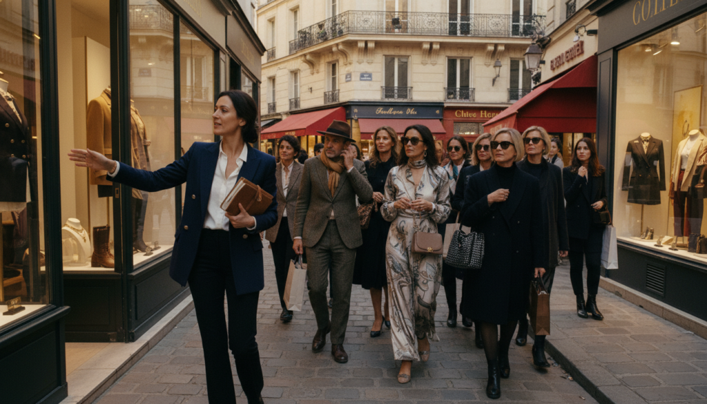 A guided fashion walking tour through an iconic Parisian district, showcasing a diverse group of elegantly dressed individuals. In the foreground, a knowledgeable tour guide in smart business attire leads the way, gesturing towards a chic boutique. The middle ground features stylish participants in fashionable attire, admiring window displays filled with high-end garments and accessories. The background captures the distinct architecture of Paris, with charming cobblestone streets, historic buildings, and colorful storefronts. The scene is illuminated by warm, golden hour lighting, enhancing textures and details, creating a vibrant, inviting atmosphere. Shot with a wide-angle lens at eye level for an immersive perspective, the image showcases the allure of Parisian fashion culture in stunning 8k resolution.