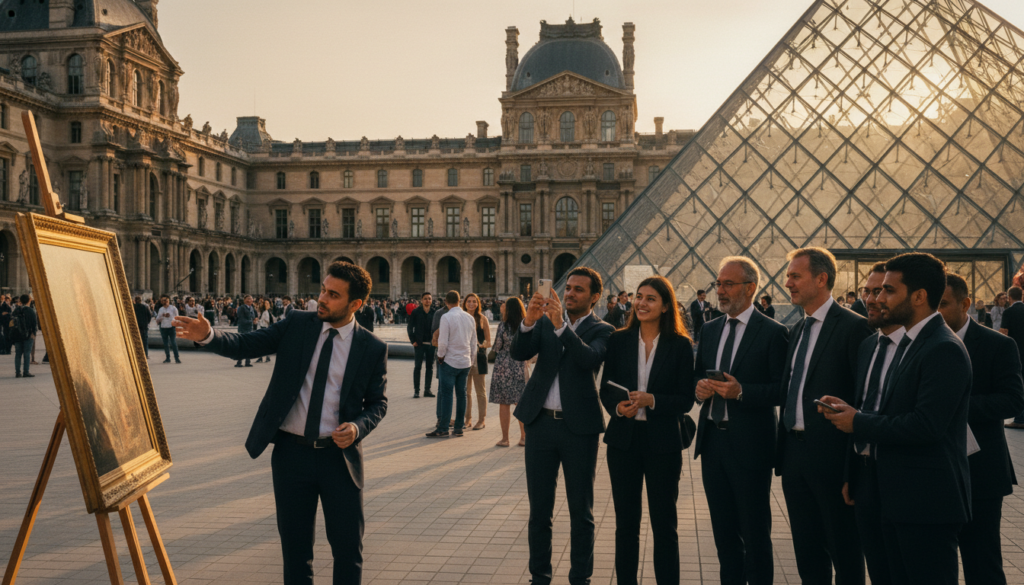 Wata ƙungiyar yawon buɗe ido mai jagora a gidan tarihi na Louvre da ke Paris, tare da masu yawon buɗe ido na asali daban-daban sanye da kayan kasuwanci na ƙwararru, suna sha'awar shiga cikin ginin dala mai rikitarwa. A gaba, wani mai ba da jagora mai ilimi yana nuna wani sanannen zane, yana ƙirƙirar hulɗa mai kayatarwa. Tsakiyar wurin yana nuna masu yawon buɗe ido suna ɗaukar hotuna, yayin da gine-ginen Louvre mai ban mamaki ke haskakawa a bango, cike da hasken rana mai laushi da zinare wanda ke fitar da kyawawan inuwa. An shirya wurin da yanayi mai dumi da ban sha'awa, yana haifar da farin ciki da godiya ga al'adu. Yi rikodin wannan lokacin a cikin kyakkyawan ƙudurin 8k tare da hasken sinima, yana haskaka fuskar dutse mai laushi na gidan kayan tarihi, da kuma hangen nesa mai faɗi wanda ke nutsar da mai kallo cikin ƙwarewar. Wata ƙungiyar yawon buɗe ido mai jagora a gidan tarihi na Louvre da ke Paris, tare da masu yawon buɗe ido na asali daban-daban sanye da kayan kasuwanci na ƙwararru, suna sha'awar shiga cikin ginin dala mai rikitarwa. A gaba, wani mai ba da jagora mai ilimi yana nuna wani sanannen zane, yana ƙirƙirar hulɗa mai kayatarwa. Tsakiyar wurin yana nuna masu yawon buɗe ido suna ɗaukar hotuna, yayin da gine-ginen Louvre mai ban mamaki ke haskakawa a bango, cike da hasken rana mai laushi da zinare wanda ke fitar da kyawawan inuwa. An shirya wurin da yanayi mai dumi da ban sha'awa, yana haifar da farin ciki da godiya ga al'adu. Yi rikodin wannan lokacin a cikin kyakkyawan ƙudurin 8k tare da hasken sinima, yana haskaka fuskar dutse mai laushi na gidan kayan tarihi, da kuma hangen nesa mai faɗi wanda ke nutsar da mai kallo cikin ƙwarewar.