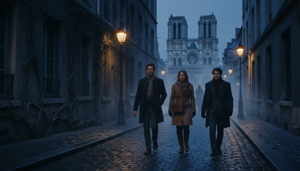 شام کے وقت پیرس کی ایک گلی کا ایک خوفناک ماحول کا منظر، جس میں چار سیاحوں کے ایک گروپ کو سمارٹ آرام دہ لباس میں ملبوس، تاریخی محلوں میں گھوسٹ ٹور پر لیا گیا ہے۔ وہ ٹمٹماتے گلیوں کے لیمپوں سے روشن موچی پتھر کے راستوں پر چلتے ہیں، ان کے تاثرات جوش اور تجسس کا مرکب ہیں۔ پیش منظر میں، ایک قدیم پتھر کی عمارت جس کی دیواروں پر آئیوی رینگ رہی ہے خوفناک ماحول کو بڑھا دیتی ہے۔ درمیانی زمین میں دھند کے درمیان سایہ دار شخصیات کے ساتھ ایک تنگ گلی ہے، جو بھوتوں کی موجودگی کی طرف اشارہ کرتی ہے۔ پس منظر میں، نوٹری-ڈیم کیتھیڈرل کا سلیویٹ ایک گودھولی آسمان کے سامنے ڈھل رہا ہے، جس نے اسرار میں اضافہ کیا۔ تصویر میں ٹھنڈے رنگ پیلیٹ کے ساتھ سنیما لائٹنگ ہونی چاہیے، جس میں انتہائی تفصیلی ساخت کی نمائش کے لیے 8k ریزولوشن میں خوفناک لیکن پرفتن ماحول پر زور دیا جائے۔ شام کے وقت پیرس کی ایک گلی کا ایک خوفناک ماحول کا منظر، جس میں چار سیاحوں کے ایک گروپ کو سمارٹ آرام دہ لباس میں ملبوس، تاریخی محلوں میں گھوسٹ ٹور پر لیا گیا ہے۔ وہ ٹمٹماتے گلیوں کے لیمپوں سے روشن موچی پتھر کے راستوں پر چلتے ہیں، ان کے تاثرات جوش اور تجسس کا مرکب ہیں۔ پیش منظر میں، ایک قدیم پتھر کی عمارت جس کی دیواروں پر آئیوی رینگ رہی ہے خوفناک ماحول کو بڑھا دیتی ہے۔ درمیانی زمین میں دھند کے درمیان سایہ دار شخصیات کے ساتھ ایک تنگ گلی ہے، جو بھوتوں کی موجودگی کی طرف اشارہ کرتی ہے۔ پس منظر میں، نوٹری-ڈیم کیتھیڈرل کا سلیویٹ ایک گودھولی آسمان کے سامنے ڈھل رہا ہے، جس نے اسرار میں اضافہ کیا۔ تصویر میں ٹھنڈے رنگ پیلیٹ کے ساتھ سنیما لائٹنگ ہونی چاہیے، جس میں انتہائی تفصیلی ساخت کی نمائش کے لیے 8k ریزولوشن میں خوفناک لیکن پرفتن ماحول پر زور دیا جائے۔