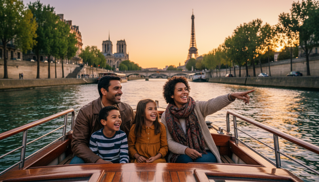 A heartwarming scene of a family enjoying a scenic boat tour on the Seine River in Paris, set during the golden hour. In the foreground, depict a diverse family of four dressed in modest casual clothing; a father and mother smiling while pointing at landmarks, and two children, a boy and a girl, laughing and gazing at the riverbanks. In the middle ground, illustrate the elegant boat gently gliding along the water, surrounded by lush green trees and historic Parisian architecture. In the background, showcase the stunning silhouettes of iconic landmarks like the Eiffel Tower and Notre-Dame Cathedral. Use cinematic lighting to create a warm, inviting atmosphere, highlighting the detailed textures of the boat and the shimmering water. Aim for an 8k resolution to capture every nuance of this joyous family moment. A heartwarming scene of a family enjoying a scenic boat tour on the Seine River in Paris, set during the golden hour. In the foreground, depict a diverse family of four dressed in modest casual clothing; a father and mother smiling while pointing at landmarks, and two children, a boy and a girl, laughing and gazing at the riverbanks. In the middle ground, illustrate the elegant boat gently gliding along the water, surrounded by lush green trees and historic Parisian architecture. In the background, showcase the stunning silhouettes of iconic landmarks like the Eiffel Tower and Notre-Dame Cathedral. Use cinematic lighting to create a warm, inviting atmosphere, highlighting the detailed textures of the boat and the shimmering water. Aim for an 8k resolution to capture every nuance of this joyous family moment.