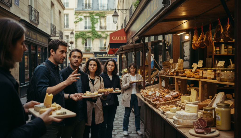 A hidden alley in Paris bustling with a small group of tourists on a food tour. In the foreground, a professional tour guide animatedly explains the history of a quaint bistro, while participants sample artisanal cheeses and fresh bread. In the middle ground, colorful food stalls display local delicacies like pastries and charcuterie, drawing the eye with their vibrant colors and enticing textures. The background features classic Parisian architecture with ivy-covered walls, creating a cozy, inviting atmosphere. The scene is bathed in soft, golden hour light, enhancing the warm, inviting mood. Capture this moment with cinematic lighting, 8k resolution, focusing on detailed textures and a shallow depth of field to emphasize the immersive experience.