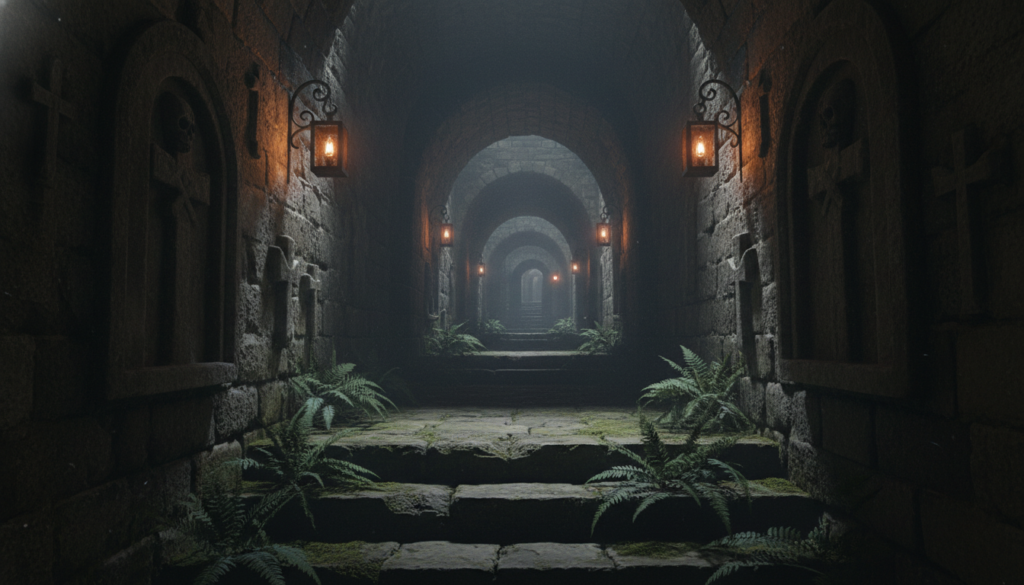 A hidden entrance to the Paris Catacombs, set within a dimly lit, ancient stone archway. The foreground displays weathered stone steps leading downwards, overgrown with small ferns and moss, hinting at the secrets below. The middle ground features intricate carvings and faintly glowing lanterns casting warm light, illuminating the path. In the background, the shadowy outlines of narrow tunnels can be seen, inviting and mysterious. The atmosphere is enigmatic, with a slight mist hanging in the air, enhancing the sense of adventure. The image should have a raw, cinematic quality, with highly detailed textures and captured in 8k resolution, creating an immersive and captivating view of this underground world.