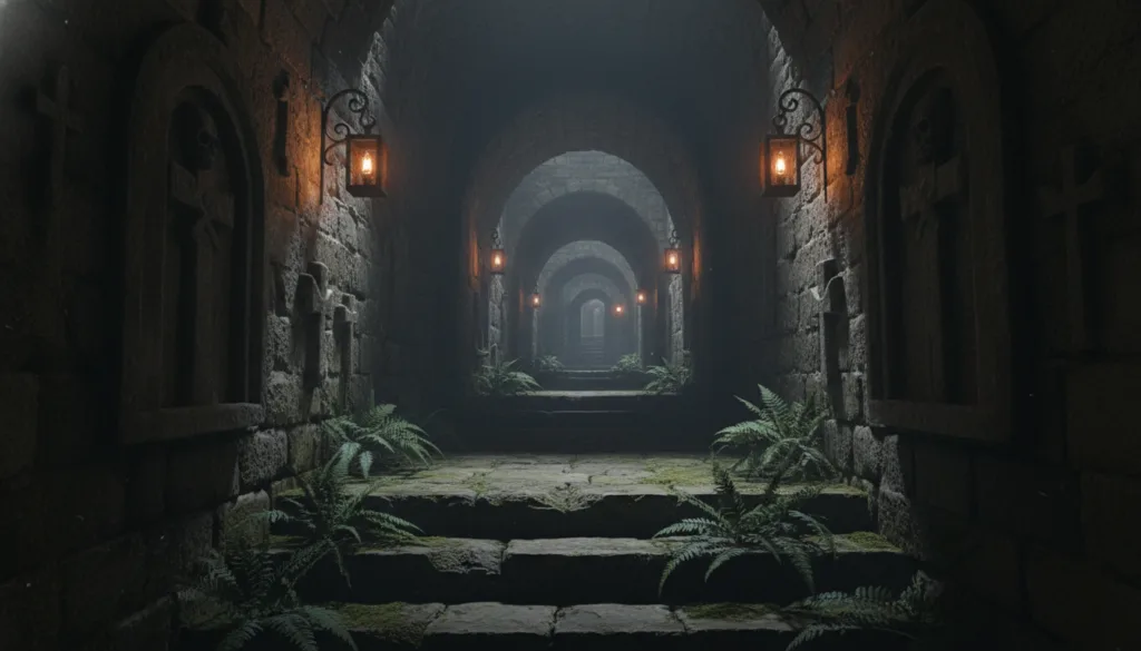 Una entrada oculta a las Catacumbas de París, ubicada dentro de un antiguo arco de piedra tenuemente iluminado. En primer plano se aprecian escalones de piedra erosionados que descienden, cubiertos de pequeños helechos y musgo, insinuando los secretos que se esconden bajo tierra. En el plano medio se aprecian intrincados grabados y faroles tenuemente brillantes que proyectan una cálida luz que ilumina el camino. Al fondo, se vislumbran los contornos sombríos de estrechos túneles, sugerentes y misteriosos. La atmósfera es enigmática, con una ligera neblina en el aire que realza la sensación de aventura. La imagen debe tener una calidad cinematográfica cruda, con texturas muy detalladas y capturada en resolución 8k, creando una visión inmersiva y cautivadora de este mundo subterráneo.