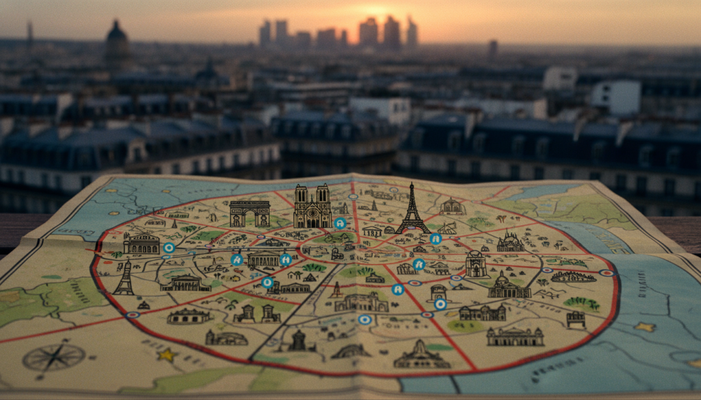 A highly detailed aerial view of a Paris travel guide map showcasing the unique spiral layout of the arrondissements. The foreground features intricate textures of the map, with clear borders separating each arrondissement, displaying iconic landmarks like the Eiffel Tower, Notre-Dame Cathedral, and the Louvre. The middle layer highlights pathways, streets, and notable tourist attractions marked with vibrant colors and symbols to lend clarity. In the background, a soft, moody Paris skyline glows with warm, cinematic lighting, creating a sense of nostalgia and wonder. The image is rendered in 8k resolution, ensuring every detail is crisp and vivid, capturing the essence of navigating through Paris’s enchanting neighborhoods. No captions or text overlays present.
