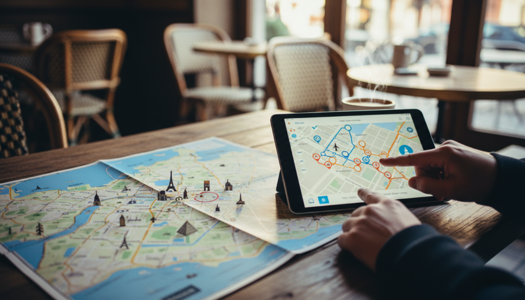 A highly detailed digital and printable map setup for planning a visit to Paris. In the foreground, showcase a colorful, well-organized map of Paris's attractions, such as the Eiffel Tower, Louvre, and Montmartre, spread out on a rustic wooden table. Include a tablet displaying an interactive digital map application, with highlighted routes and icons indicating points of interest. In the middle ground, feature a pair of hands marking locations with a pen, emphasizing the act of planning. The background should softly blur a cozy café ambiance, with warm, inviting lighting and details like chairs and a window. Capture the scene in a realistic, raw photograph style with cinematic lighting, ensuring a vibrant, inviting atmosphere. Aim for 8k resolution to highlight textures and fine details.