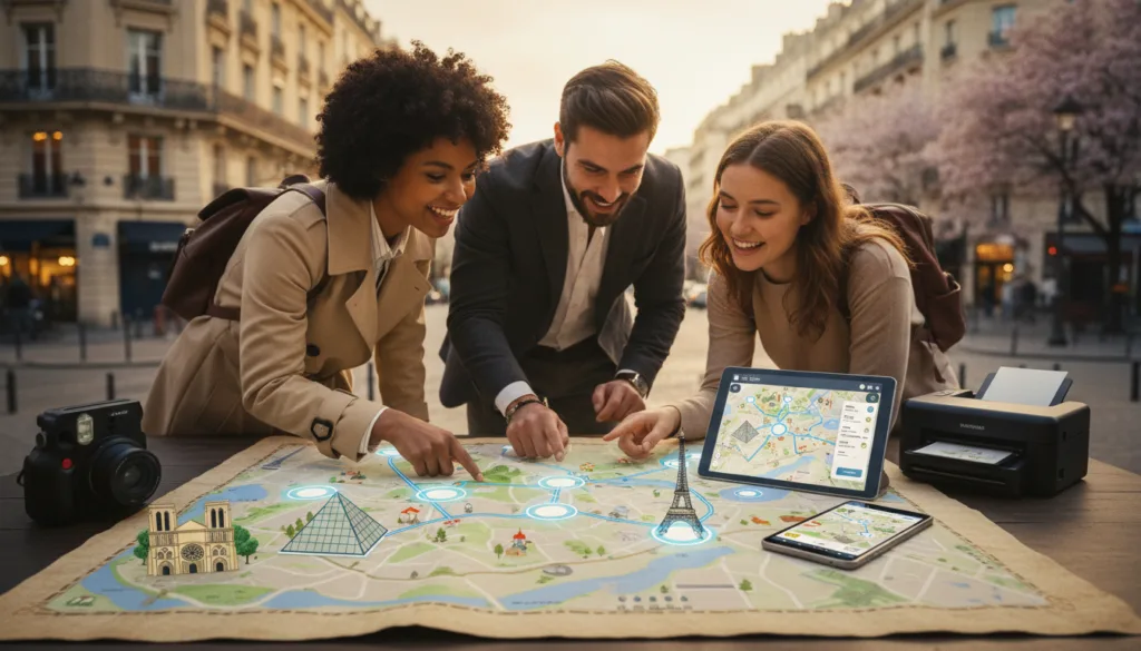 Un mapa interactivo y muy detallado de las atracciones turísticas de París, con herramientas digitales e imprimibles. En primer plano, se muestra un mapa vibrante con iconos que representan lugares emblemáticos como la Torre Eiffel y el Louvre, rodeado de dispositivos digitales que lo muestran en pantallas. En el centro, turistas de diversos orígenes, vestidos con ropa informal elegante, observan el mapa, señalando y comentando sus planes. El fondo muestra una escena callejera parisina desenfocada con arquitectura histórica y vegetación, bañada por una cálida iluminación cinematográfica. La imagen, renderizada en resolución 8k con texturas muy detalladas, captura la emoción y la anticipación de visitar la icónica ciudad.