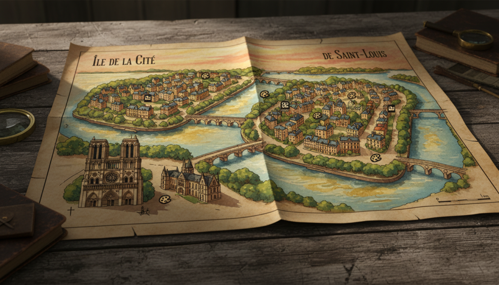A highly detailed map of attractions on the historic islands of Paris, including Île de la Cité and Île Saint-Louis. The foreground features iconic landmarks like Notre-Dame Cathedral, Palais de Justice, and the picturesque houses of Île Saint-Louis, each marked with elegant icons. In the middle ground, the Seine River glistens with reflections of the surrounding architecture, framed by lush green trees and charming bridges. The background showcases a tranquil sky at golden hour, bathing the scene in warm, cinematic lighting. The map is sprawled out as if laid on a rustic wooden table, with intricate textures highlighting its age and history. Capture the mood of discovery and adventure, emphasizing the rich cultural heritage of these historic islands, in stunning 8k resolution.