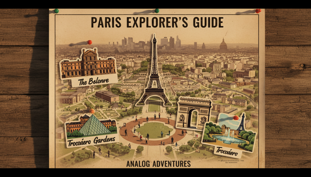 A highly detailed map of tourist attractions in Paris centered around the iconic Eiffel Tower, displayed in a raw photograph style. In the foreground, vibrant illustrations of notable landmarks such as the Louvre Museum, Arc de Triomphe, and Trocadéro Gardens, each clearly marked with their locations. The middle layer features the bustling streets and beautifully designed parks surrounding the Eiffel Tower, with tourists in professional attire enjoying the sights. In the background, a soft-focus skyline of Paris captures the essence of the city, bathed in warm, cinematic lighting, creating an inviting atmosphere. The scene is presented in stunning 8k resolution with highly detailed textures, emphasizing the elegance and charm of Parisian architecture and culture. The overall mood is vibrant and inspiring, perfect for showcasing the allure of Paris's tourist attractions.