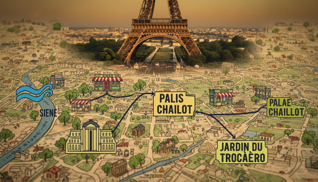 A highly detailed map showcasing attractions in Paris, centered around the iconic Eiffel Tower and Trocadéro. The foreground features labeled icons representing key attractions like the Palais de Chaillot, the Seine River, and Jardin du Trocadéro, depicted in vibrant colors for clarity. In the middle, a textured overlay of streets and paths connects these attractions, with small illustrations of cafes and shops dotting the landscape. The background captures the majestic Eiffel Tower against a soft, golden sunset sky, casting cinematic lighting that creates a warm, inviting atmosphere. The image is incredibly lifelike, rendered in 8k resolution, highlighting intricate details like the iron lattice of the tower and the lush greenery of nearby parks.