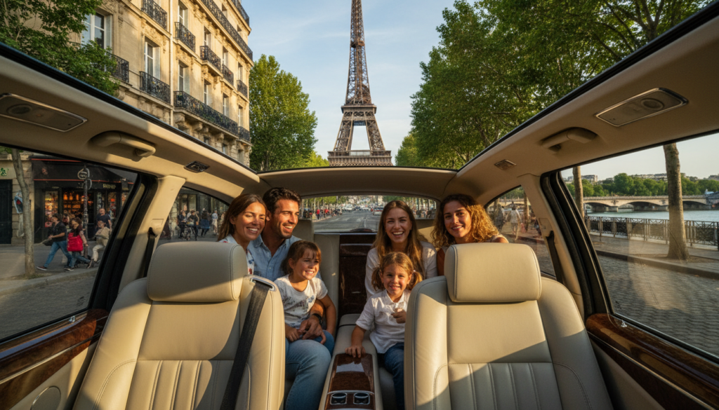 A joyful family of four and a small group of friends enjoying a scenic car tour in Paris. In the foreground, a comfortable, modern car with spacious seating, showcasing its interior with plush seats and large windows. In the middle, the iconic Eiffel Tower and charming Parisian streets with beautiful architecture are vividly captured, bathed in warm, inviting sunlight. In the background, hints of the Seine River and lush trees create a serene atmosphere. The scene has a cinematic quality, highlighting the happiness and excitement of exploring Paris together. Use 8k resolution for highly detailed textures, ensuring a vibrant and lively mood with dynamic lighting that enhances the features of both the car and the stunning Parisian landscape.