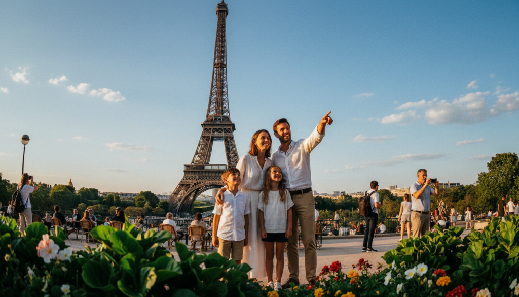 A joyful family of four exploring the sights of Paris, standing in front of the iconic Eiffel Tower. The parents, dressed in comfortable yet stylish casual clothing, are pointing out interesting landmarks to their two children, who are gleefully looking up at both their parents and the tower. The foreground features lush greenery and vibrant flowers, while the middle ground captures the excitement of Parisian street life with nearby cafés and tourists. In the background, the Eiffel Tower soars against a clear blue sky, illuminated by warm, golden sunlight, creating a cheerful and inviting atmosphere. The image is shot with a wide-angle lens to encompass the beauty of the scene, in highly detailed textures and 8k resolution, evoking a sense of family adventure and discovery. A joyful family of four exploring the sights of Paris, standing in front of the iconic Eiffel Tower. The parents, dressed in comfortable yet stylish casual clothing, are pointing out interesting landmarks to their two children, who are gleefully looking up at both their parents and the tower. The foreground features lush greenery and vibrant flowers, while the middle ground captures the excitement of Parisian street life with nearby cafés and tourists. In the background, the Eiffel Tower soars against a clear blue sky, illuminated by warm, golden sunlight, creating a cheerful and inviting atmosphere. The image is shot with a wide-angle lens to encompass the beauty of the scene, in highly detailed textures and 8k resolution, evoking a sense of family adventure and discovery.
