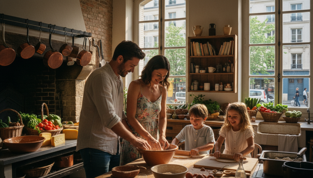 A lively cooking class scene in Paris, showcasing a family of four engaged in a hands-on culinary experience. In the foreground, a mother and father, dressed in modest casual attire, are mixing ingredients in a large bowl, while their two excited children, a boy and a girl, are rolling out dough with smiles on their faces. The middle ground features a rustic kitchen setting filled with fresh produce, pots, and recipe books, capturing the essence of French cooking. In the background, large windows reveal glimpses of a typical Parisian street with charming buildings and green trees, bathed in warm, cinematic lighting. The atmosphere is joyful and inviting, reflecting the essence of family bonding through food preparation in an iconic Parisian setting. Captured in 8k resolution with highly detailed textures.