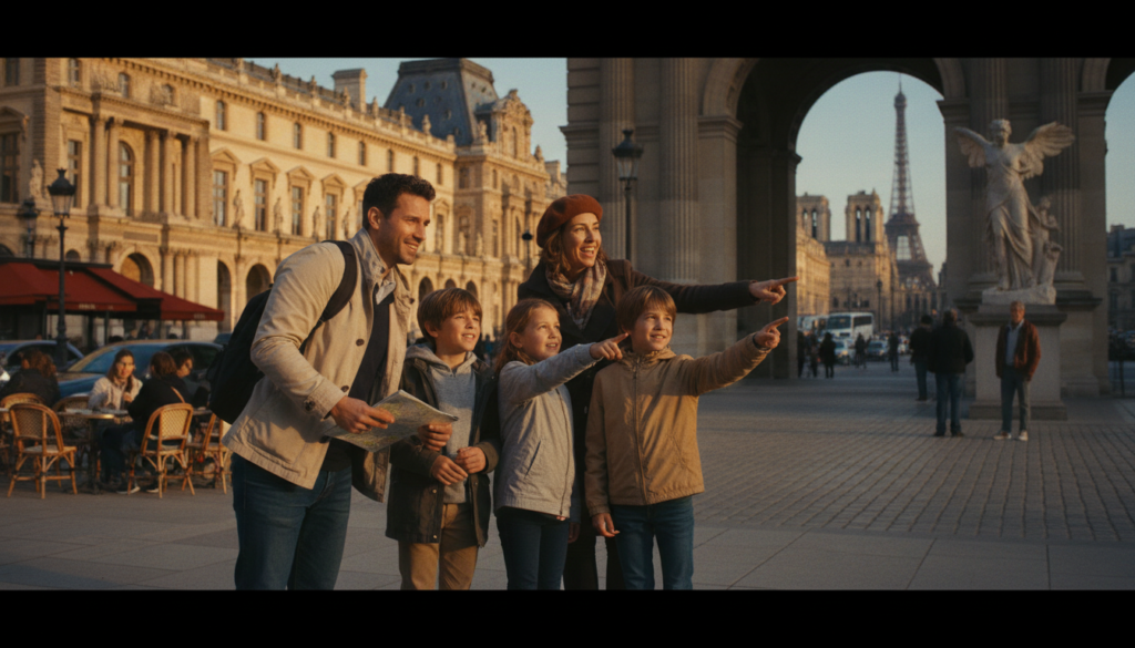 A lively scene capturing a private guided tour in Paris, focusing on a family with children exploring iconic cultural sites. In the foreground, a cheerful family of four, including two kids, is engaged with a knowledgeable guide, all dressed in modest casual clothing. The middle scene showcases the beautiful architecture of the Louvre, with children pointing in awe at the art. In the background, the charming streets of Paris are alive with bustling cafes and historical landmarks. The image features warm, golden cinematic lighting that enhances the textures of the stone buildings and the expressions of excitement on the family's faces. Shot in 8k resolution, this raw photograph evokes a sense of wonder and adventure in the heart of Paris. A lively scene capturing a private guided tour in Paris, focusing on a family with children exploring iconic cultural sites. In the foreground, a cheerful family of four, including two kids, is engaged with a knowledgeable guide, all dressed in modest casual clothing. The middle scene showcases the beautiful architecture of the Louvre, with children pointing in awe at the art. In the background, the charming streets of Paris are alive with bustling cafes and historical landmarks. The image features warm, golden cinematic lighting that enhances the textures of the stone buildings and the expressions of excitement on the family's faces. Shot in 8k resolution, this raw photograph evokes a sense of wonder and adventure in the heart of Paris.