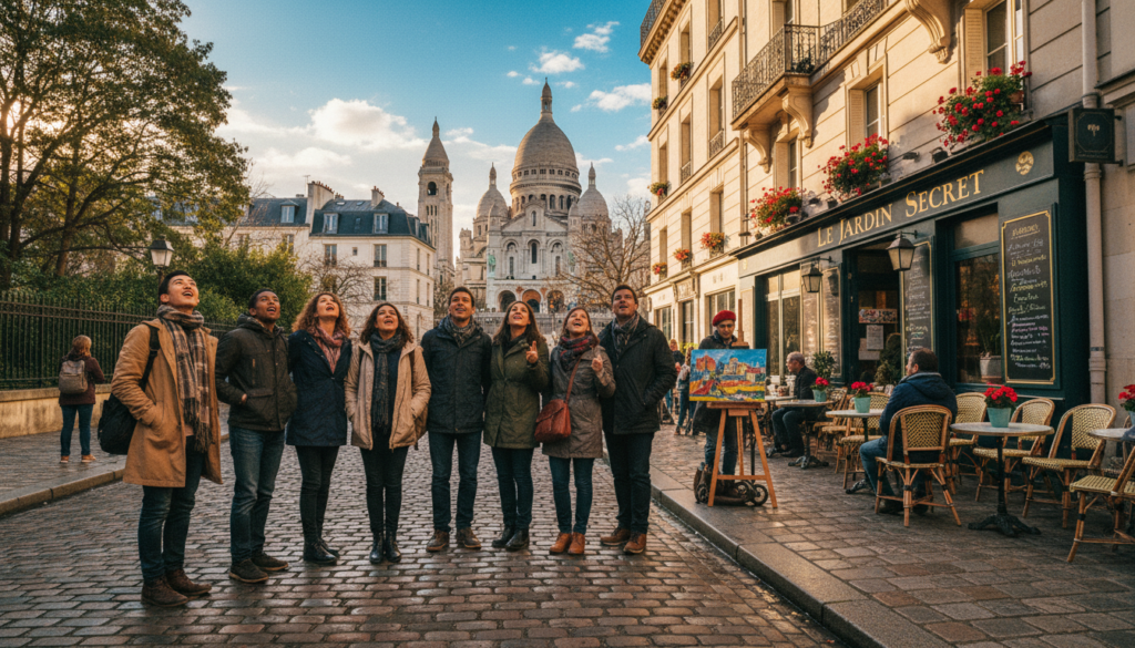 A lively scene of sightseeing tours in Paris on foot, capturing a historic neighborhood filled with charming cobblestone streets and traditional Parisian buildings. In the foreground, a small group of tourists dressed in modest casual clothing eagerly explores the area, marveling at the architecture. The middle ground features a quaint café with outdoor seating, its tables adorned with colorful flowers, and a street artist painting a vibrant scene nearby. The background showcases the iconic silhouette of the Sacré-Cœur Basilica against a bright blue sky. The lighting is warm and golden, reminiscent of late afternoon sun, casting inviting shadows that enhance the atmosphere of adventure and discovery. Rendered in highly detailed textures and 8k resolution, creating a cinematic feel that immerses viewers in the enchanting ambiance of Paris. A lively scene of sightseeing tours in Paris on foot, capturing a historic neighborhood filled with charming cobblestone streets and traditional Parisian buildings. In the foreground, a small group of tourists dressed in modest casual clothing eagerly explores the area, marveling at the architecture. The middle ground features a quaint café with outdoor seating, its tables adorned with colorful flowers, and a street artist painting a vibrant scene nearby. The background showcases the iconic silhouette of the Sacré-Cœur Basilica against a bright blue sky. The lighting is warm and golden, reminiscent of late afternoon sun, casting inviting shadows that enhance the atmosphere of adventure and discovery. Rendered in highly detailed textures and 8k resolution, creating a cinematic feel that immerses viewers in the enchanting ambiance of Paris.