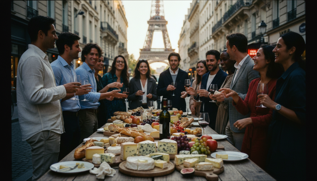 A lively street scene in Paris showcasing a gourmet food and wine tour. In the foreground, an elegant wooden table adorned with an assortment of French cheeses, artisan bread, and colorful fruits, alongside a bottle of fine red wine and two glasses filled with wine. The middle ground features a diverse group of people in modest casual clothing enjoying the culinary experience, chatting and laughing, amidst charming Parisian architecture. The background reveals iconic landmarks like the Eiffel Tower partially obscured by soft, warm bokeh. The image is captured in 8k resolution with cinematic lighting that creates a warm, inviting atmosphere, highlighting the textures of the food and the vibrancy of the scene.
