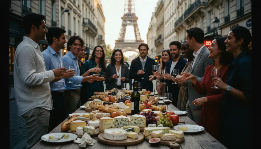 Una animada escena callejera en París muestra un recorrido gastronómico y vinícola gourmet. En primer plano, una elegante mesa de madera adornada con una variedad de quesos franceses, pan artesanal y frutas de colores, junto a una botella de buen vino tinto y dos copas. En segundo plano, un grupo diverso de personas con ropa informal y discreta disfruta de la experiencia culinaria, charlando y riendo, en medio de la encantadora arquitectura parisina. El fondo revela lugares emblemáticos como la Torre Eiffel, parcialmente oscurecida por un suave y cálido efecto bokeh. La imagen está capturada en resolución 8k con iluminación cinematográfica que crea una atmósfera cálida y acogedora, resaltando las texturas de la comida y la vitalidad de la escena.