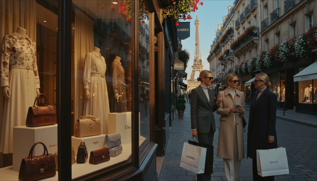 A luxurious Paris street scene showcasing high-end fashion and shopping tours. In the foreground, elegant window displays featuring designer handbags and garments adorned with rich textures and intricate details. Stylishly dressed shoppers, in professional business attire, mingle, holding designer shopping bags, exuding an air of sophistication. The middle ground features iconic Parisian architecture adorned with flowering balconies, along with luxury boutiques lined on a charming cobblestone street. The background includes a softly blurred view of the Eiffel Tower under a clear blue sky. The lighting is warm and cinematic, enhancing the richness of colors and textures, creating an inviting atmosphere of opulence and style. The image is captured in stunning 8k resolution for vivid detail. A luxurious Paris street scene showcasing high-end fashion and shopping tours. In the foreground, elegant window displays featuring designer handbags and garments adorned with rich textures and intricate details. Stylishly dressed shoppers, in professional business attire, mingle, holding designer shopping bags, exuding an air of sophistication. The middle ground features iconic Parisian architecture adorned with flowering balconies, along with luxury boutiques lined on a charming cobblestone street. The background includes a softly blurred view of the Eiffel Tower under a clear blue sky. The lighting is warm and cinematic, enhancing the richness of colors and textures, creating an inviting atmosphere of opulence and style. The image is captured in stunning 8k resolution for vivid detail.