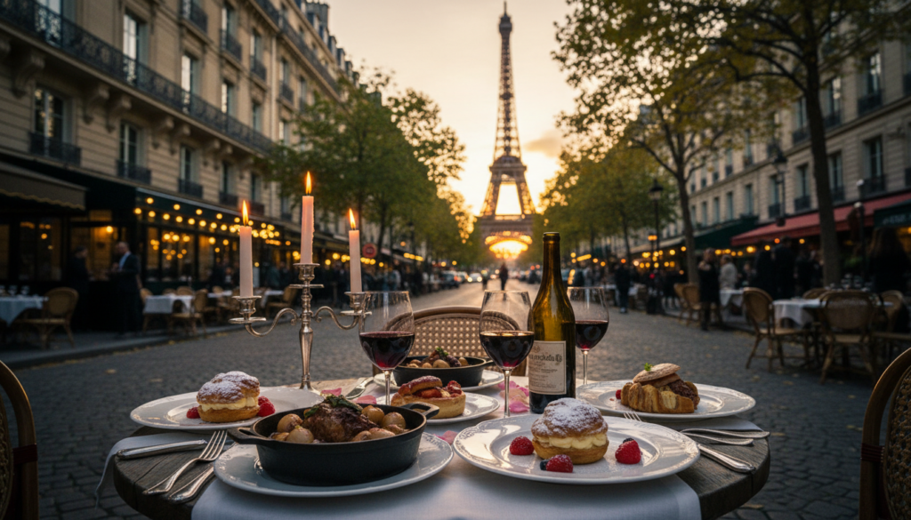 A luxurious Parisian landscape featuring an elegant dining table set outdoors, adorned with exquisite gourmet dishes and fine wine. In the foreground, showcase beautifully plated French cuisine, such as coq au vin and delicate pastries, accompanied by glistening crystal wine glasses. In the middle ground, a charming Parisian street with classic architecture, lush green trees, and soft café lights creates an inviting atmosphere. The background reveals the iconic Eiffel Tower bathed in warm golden light during sunset. Capture this scene with a shallow depth of field, emphasizing the intricate textures of the food and the elegant setting, and convey a mood of sophistication and indulgence. The composition should be a raw photograph in 8k resolution with cinematic lighting. A luxurious Parisian landscape featuring an elegant dining table set outdoors, adorned with exquisite gourmet dishes and fine wine. In the foreground, showcase beautifully plated French cuisine, such as coq au vin and delicate pastries, accompanied by glistening crystal wine glasses. In the middle ground, a charming Parisian street with classic architecture, lush green trees, and soft café lights creates an inviting atmosphere. The background reveals the iconic Eiffel Tower bathed in warm golden light during sunset. Capture this scene with a shallow depth of field, emphasizing the intricate textures of the food and the elegant setting, and convey a mood of sophistication and indulgence. The composition should be a raw photograph in 8k resolution with cinematic lighting.