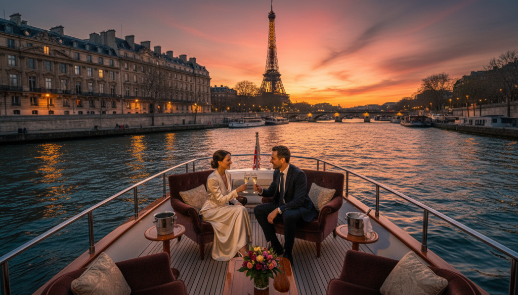 A luxurious Seine River scene showcasing an elegant yacht gliding through the water, reflecting the shimmering city lights of Paris. In the foreground, a stylishly dressed couple in professional business attire enjoys a toast on the yacht's deck, surrounded by plush furnishings and an atmosphere of sophistication. The middle ground features the exquisite architecture of historic Parisian buildings illuminated at dusk, with the iconic Eiffel Tower majestically rising in the background, framed by a vibrant sunset sky. Incorporate cinematic lighting to create a warm, inviting mood, enhancing the textures of the water and the yacht’s sleek design. Capture this scene in 8k resolution, using a wide-angle lens to encompass both the intimate yacht experience and the breathtaking panoramic city view. A luxurious Seine River scene showcasing an elegant yacht gliding through the water, reflecting the shimmering city lights of Paris. In the foreground, a stylishly dressed couple in professional business attire enjoys a toast on the yacht's deck, surrounded by plush furnishings and an atmosphere of sophistication. The middle ground features the exquisite architecture of historic Parisian buildings illuminated at dusk, with the iconic Eiffel Tower majestically rising in the background, framed by a vibrant sunset sky. Incorporate cinematic lighting to create a warm, inviting mood, enhancing the textures of the water and the yacht’s sleek design. Capture this scene in 8k resolution, using a wide-angle lens to encompass both the intimate yacht experience and the breathtaking panoramic city view.