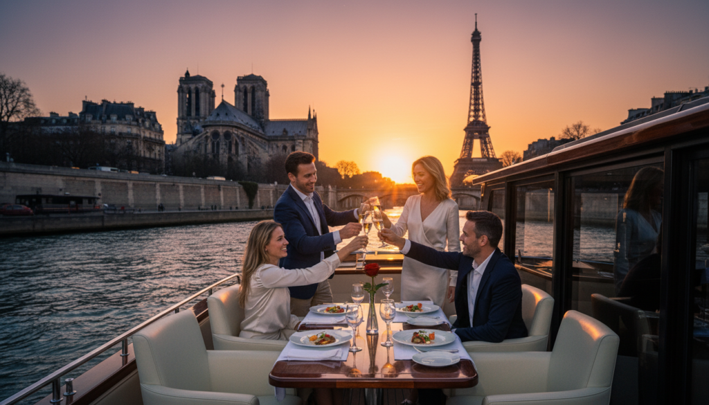 Kwarewar jirgin ruwa na Seine mai tsada, wanda aka gina a kan kyakkyawan yanayin birnin Paris. A gaba, wani jirgin ruwa mai kyau da zamani yana shawagi cikin sauƙi a gefen kogin, tare da kujeru masu kyau da tebur mai kyau da aka ƙawata da shirye-shiryen cin abinci mai kyau. A tsakiyar gari, ma'aurata sanye da kayan yau da kullun suna jin daɗin rakiyar juna, suna dariya da raba abin sha tare da shampagne yayin da suke kallon yanayin. Bango yana nuna manyan wuraren tarihi na Paris, kamar Cathedral na Notre-Dame da Hasumiyar Eiffel, waɗanda aka yi wa ado da hasken rana mai dumi da zinare, wanda ke haɓaka yanayin soyayya. Hoton yana ɗaukar cikakkun bayanai na ruwa da gine-ginen da ke kewaye da shi a cikin ƙudurin 8k, tare da mai da hankali kan hasken sinima wanda ke haifar da yanayi mai kyau da natsuwa.