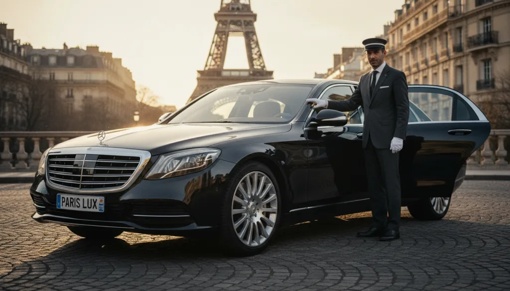 Une luxueuse Mercedes avec chauffeur est élégamment garée dans une rue pittoresque de Paris. Au premier plan, les lignes épurées du véhicule haut de gamme sont mises en valeur, révélant son extérieur poli et son intérieur raffiné. Au second plan, un chauffeur professionnel en costume sur mesure se tient à proximité, la portière ouverte en signe d'hospitalité. À l'arrière-plan, des monuments parisiens emblématiques tels que la Tour Eiffel et l'architecture historique sont légèrement floutés, créant une impression de profondeur. La scène est baignée d'une douce lumière cinématographique à l'heure dorée, accentuant l'atmosphère de sophistication et d'élégance. L'image est capturée en haute définition, visant une résolution 8K, avec des textures qui mettent en lumière le luxe et la beauté du véhicule et de son environnement. Une luxueuse Mercedes avec chauffeur est élégamment garée dans une rue pittoresque de Paris. Au premier plan, les lignes épurées du véhicule haut de gamme sont mises en valeur, révélant son extérieur poli et son intérieur raffiné. Au second plan, un chauffeur professionnel en costume sur mesure se tient à proximité, la portière ouverte en signe d'hospitalité. À l'arrière-plan, des monuments parisiens emblématiques tels que la Tour Eiffel et l'architecture historique sont légèrement floutés, créant une impression de profondeur. La scène est baignée d'une douce lumière cinématographique à l'heure dorée, accentuant l'atmosphère de sophistication et d'élégance. L'image est capturée en haute définition, visant une résolution 8K, avec des textures qui mettent en lumière le luxe et la beauté du véhicule et de son environnement.