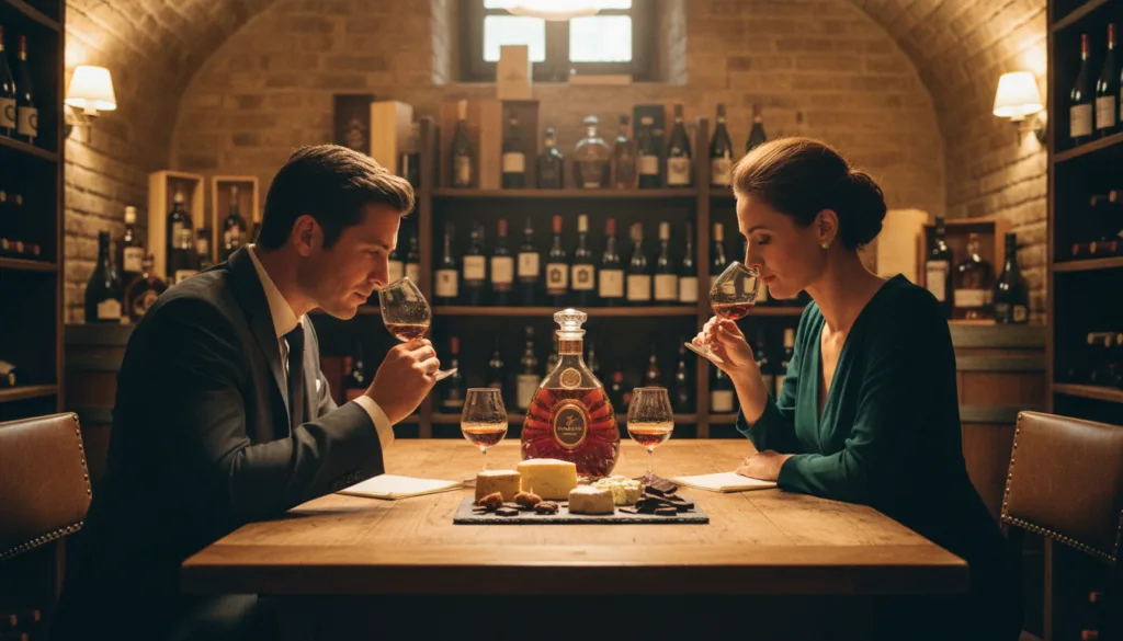 Une dégustation de cognac de luxe à Paris, avec une élégante table en bois ornée de verres en cristal remplis d'un précieux nectar ambré. Au premier plan, un couple raffiné, en tenue professionnelle, se penche sur la table, savourant les arômes du cognac, leurs expressions exprimant plaisir et appréciation. Au second plan, une bouteille de cognac d'exception aux étiquettes finement travaillées est présentée avec des fromages fins et du chocolat noir, pour un résultat exquis. À l'arrière-plan, une cave à vin parisienne à la lumière tamisée, aux murs de briques apparentes et aux étagères garnies de spiritueux raffinés, ajoute profondeur et ambiance. La scène est baignée d'une lumière chaude et cinématographique, mettant en valeur les textures du bois et du verre, capturée en résolution 8K pour une précision saisissante. Une atmosphère sereine et raffinée, empreinte de plaisir et de sophistication, enveloppe le lieu.