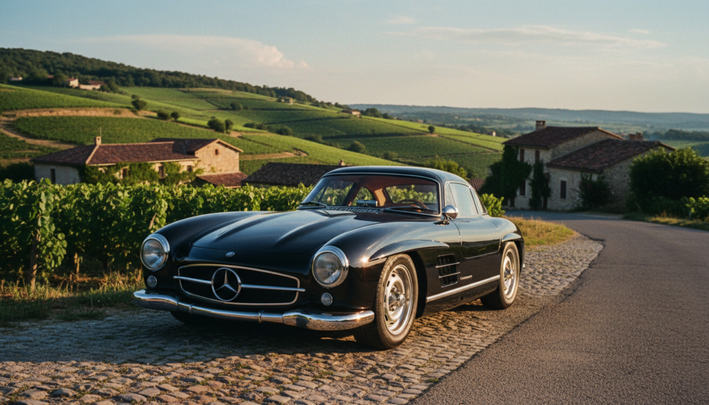 A luxurious day trip tour scene from Paris, featuring a sleek black luxury vehicle parked on a winding country road. In the foreground, the vehicle is gleaming under soft, cinematic golden hour lighting, showcasing its polished details. In the middle ground, lush green vineyards and rolling hills stretch out, dotted with charming rustic countryside houses. The background should showcase a clear blue sky with wispy clouds, enhancing the serene atmosphere. The composition should be captured using a low angle, focusing on the vehicle, with depth of field blurring the distant countryside slightly. This image exudes an atmosphere of exclusivity and adventure, appealing to discerning travelers seeking luxury experiences. Highly detailed textures and 8k resolution are essential for capturing the elegance of the scene. A luxurious day trip tour scene from Paris, featuring a sleek black luxury vehicle parked on a winding country road. In the foreground, the vehicle is gleaming under soft, cinematic golden hour lighting, showcasing its polished details. In the middle ground, lush green vineyards and rolling hills stretch out, dotted with charming rustic countryside houses. The background should showcase a clear blue sky with wispy clouds, enhancing the serene atmosphere. The composition should be captured using a low angle, focusing on the vehicle, with depth of field blurring the distant countryside slightly. This image exudes an atmosphere of exclusivity and adventure, appealing to discerning travelers seeking luxury experiences. Highly detailed textures and 8k resolution are essential for capturing the elegance of the scene.