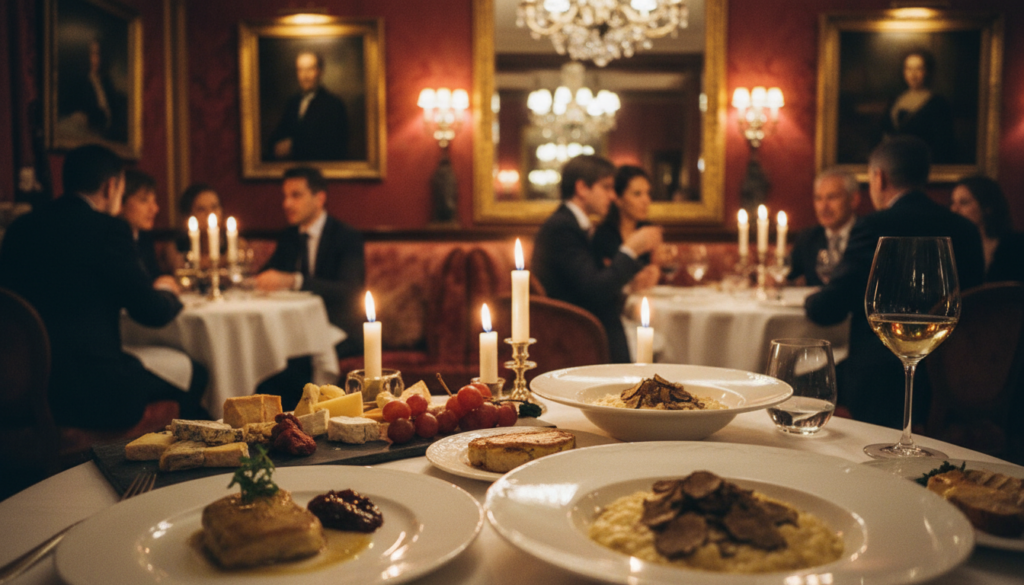A luxurious dining experience in an exclusive Parisian restaurant, featuring a beautifully set table with elegant tableware and gourmet dishes meticulously plated. In the foreground, a close-up of exquisite dishes like foie gras, truffle risotto, and artisanal cheeses, imparting vibrant colors and intricate textures. The middle ground showcases well-dressed diners, dressed in professional business attire, engaged in sophisticated conversation, surrounded by a warm and inviting ambiance. The background reveals elegant décor, soft candlelight casting a golden glow, and intricate artwork on the walls, evoking a sense of refined luxury. The image should be captured with cinematic lighting and a shallow depth of field for a dreamy atmosphere, in 8k resolution to highlight every detail. A luxurious dining experience in an exclusive Parisian restaurant, featuring a beautifully set table with elegant tableware and gourmet dishes meticulously plated. In the foreground, a close-up of exquisite dishes like foie gras, truffle risotto, and artisanal cheeses, imparting vibrant colors and intricate textures. The middle ground showcases well-dressed diners, dressed in professional business attire, engaged in sophisticated conversation, surrounded by a warm and inviting ambiance. The background reveals elegant décor, soft candlelight casting a golden glow, and intricate artwork on the walls, evoking a sense of refined luxury. The image should be captured with cinematic lighting and a shallow depth of field for a dreamy atmosphere, in 8k resolution to highlight every detail.