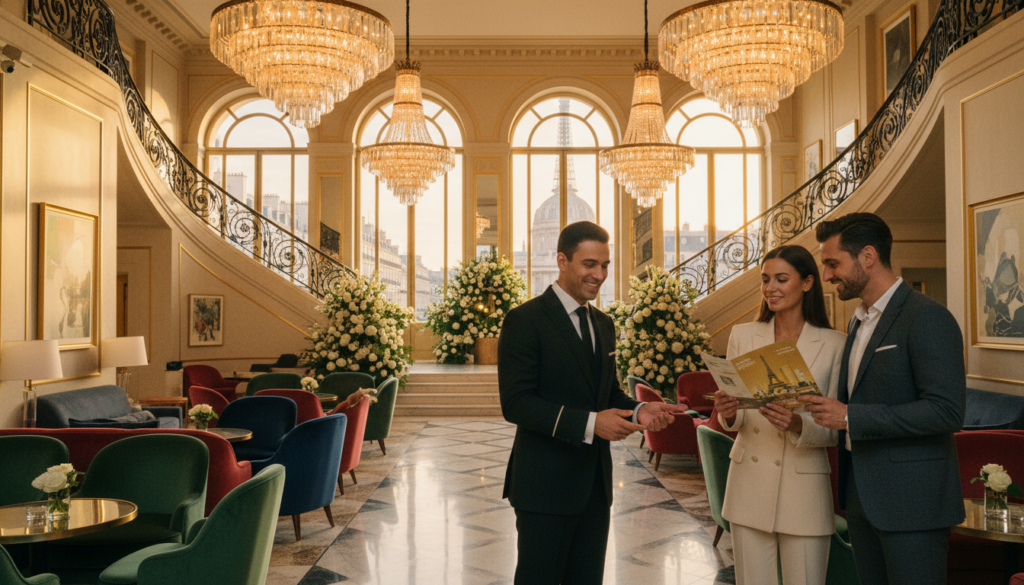 A luxurious five-star hotel lobby in Paris, elegantly designed with opulent chandeliers and rich textures, showcasing marble floors and plush seating. In the foreground, a well-dressed concierge greets guests with a warm smile, while a couple in professional attire examines an exquisite tour package brochure. The middle ground features a grand staircase adorned with flowers and artworks, inviting visitors to explore. In the background, large windows reveal iconic Parisian architecture under soft, golden sunlight, creating a welcoming atmosphere. The scene is illuminated by cinematic lighting, emphasizing the lavish details and textures. The overall mood is sophisticated and inviting, evoking the essence of luxury travel in Paris. Highly detailed, 8k resolution image capturing the elegance and allure of a premium hotel experience. A luxurious five-star hotel lobby in Paris, elegantly designed with opulent chandeliers and rich textures, showcasing marble floors and plush seating. In the foreground, a well-dressed concierge greets guests with a warm smile, while a couple in professional attire examines an exquisite tour package brochure. The middle ground features a grand staircase adorned with flowers and artworks, inviting visitors to explore. In the background, large windows reveal iconic Parisian architecture under soft, golden sunlight, creating a welcoming atmosphere. The scene is illuminated by cinematic lighting, emphasizing the lavish details and textures. The overall mood is sophisticated and inviting, evoking the essence of luxury travel in Paris. Highly detailed, 8k resolution image capturing the elegance and allure of a premium hotel experience.