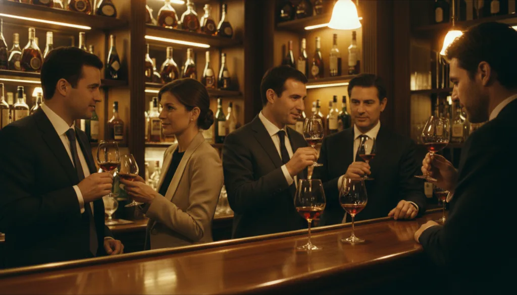 Intérieur luxueux d'un bar parisien spécialisé, où des clients élégants dégustent des cognacs d'exception. Au premier plan, un comptoir en acajou poli, des verres en cristal remplis d'un cognac ambré profond, reflètent une douce lumière chaude. Au second plan, des personnes élégantes, le visage empreint de plaisir et de sophistication, conversent autour de leurs verres. À l'arrière-plan, des étagères savamment agencées présentent une variété de bouteilles de cognac, subtilement éclairées, sublimant l'ambiance. La scène baigne dans une lumière chaude et cinématographique, créant une atmosphère à la fois accueillante et raffinée. Immortalisez cet instant en résolution 8K, en mettant en valeur les textures subtiles du bar et les détails délicats des verres à cognac.