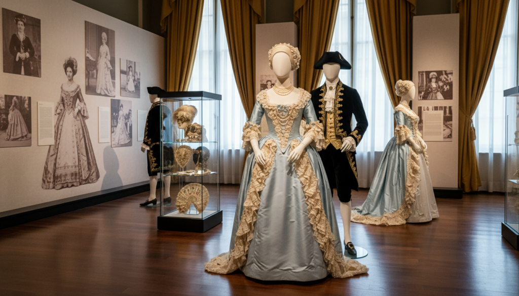 A luxurious museum exhibition dedicated to Paris fashion history, showcasing elegant mannequins dressed in iconic 18th and 19th-century Parisian attire, such as silk gowns adorned with lace and tailored suits with intricate embroidery. In the foreground, a polished wooden floor reflects the soft ambiance of warm, cinematic lighting, highlighting the textures of the fabrics on display. The middle ground features polished glass display cases filled with vintage accessories like hats and gloves, surrounded by artfully arranged historical photographs on walls, capturing glamorous moments from the past. The background reveals arched windows letting in natural light, with opulent drapery cascading down, creating a sophisticated atmosphere. The image should be in 8k resolution, with an emphasis on detail and a sense of timeless elegance that evokes the rich heritage of fashion in Paris.