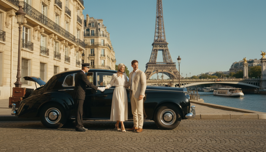 A luxurious, private chauffeur-driven car navigating the charming streets of Paris on a sunny day, with elegant Parisian architecture in the background. In the foreground, a well-dressed chauffeur opens the car door, inviting a couple dressed in stylish, modest clothing. The middle ground features iconic sights like the Eiffel Tower and the Seine River, adding depth and context to the scene. Cinematic lighting creates warm highlights and soft shadows, enhancing the textures of the car and the surrounding environment. The composition captures a sense of sophistication and romance, inviting viewers to experience the allure of private sightseeing tours in the heart of Paris. The image should be in high detail, 8k resolution, showcasing the beauty and elegance of this unique travel experience. A luxurious, private chauffeur-driven car navigating the charming streets of Paris on a sunny day, with elegant Parisian architecture in the background. In the foreground, a well-dressed chauffeur opens the car door, inviting a couple dressed in stylish, modest clothing. The middle ground features iconic sights like the Eiffel Tower and the Seine River, adding depth and context to the scene. Cinematic lighting creates warm highlights and soft shadows, enhancing the textures of the car and the surrounding environment. The composition captures a sense of sophistication and romance, inviting viewers to experience the allure of private sightseeing tours in the heart of Paris. The image should be in high detail, 8k resolution, showcasing the beauty and elegance of this unique travel experience.