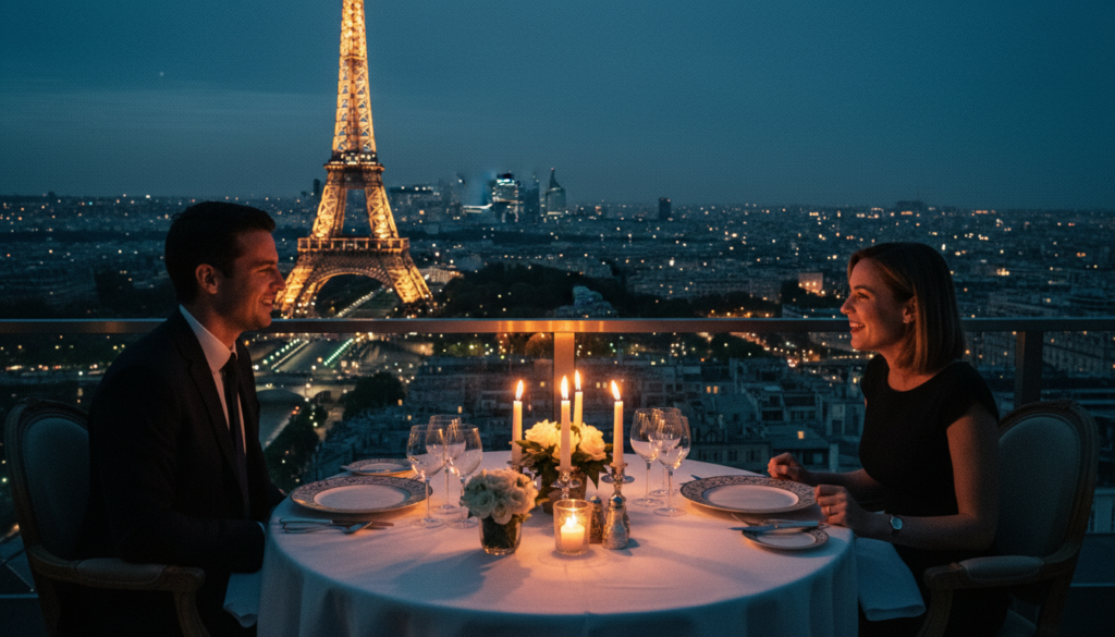 A luxurious private dining experience at the Eiffel Tower, showcasing an elegantly set table with fine china and crystal glasses, surrounded by soft candlelight creating a romantic ambiance. In the foreground, a couple dressed in smart business attire engages in conversation, their faces reflecting joy. The middle layer features the iconic Eiffel Tower, illuminated against the twilight sky, with exquisite details like the intricate iron lattice structure standing tall. In the background, the Paris skyline is visible, with shimmering city lights and the Seine River winding gracefully. The scene is captured in a raw photograph style, with cinematic lighting that accentuates the textures of the table setting and the soft glow of the tower. The image is rendered in 8k resolution, evoking a mood of exclusivity and elegance. A luxurious private dining experience at the Eiffel Tower, showcasing an elegantly set table with fine china and crystal glasses, surrounded by soft candlelight creating a romantic ambiance. In the foreground, a couple dressed in smart business attire engages in conversation, their faces reflecting joy. The middle layer features the iconic Eiffel Tower, illuminated against the twilight sky, with exquisite details like the intricate iron lattice structure standing tall. In the background, the Paris skyline is visible, with shimmering city lights and the Seine River winding gracefully. The scene is captured in a raw photograph style, with cinematic lighting that accentuates the textures of the table setting and the soft glow of the tower. The image is rendered in 8k resolution, evoking a mood of exclusivity and elegance.