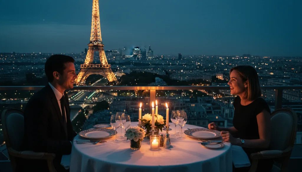 Una lujosa experiencia gastronómica privada en la Torre Eiffel, con una mesa elegantemente puesta con fina porcelana y copas de cristal, rodeada de la suave luz de las velas, crea un ambiente romántico. En primer plano, una pareja, vestida con elegante atuendo de negocios, conversa con alegría en sus rostros. En el centro, se destaca la icónica Torre Eiffel, iluminada contra el cielo crepuscular, con exquisitos detalles como la intrincada estructura de celosía de hierro. Al fondo, se divisa el horizonte de París, con las brillantes luces de la ciudad y el río Sena serpenteando con gracia. La escena está capturada con un estilo fotográfico natural, con una iluminación cinematográfica que acentúa las texturas de la mesa y el suave resplandor de la torre. La imagen, renderizada en resolución 8k, evoca una atmósfera de exclusividad y elegancia. Una lujosa experiencia gastronómica privada en la Torre Eiffel, con una mesa elegantemente puesta con fina porcelana y copas de cristal, rodeada de la suave luz de las velas, crea un ambiente romántico. En primer plano, una pareja, vestida con elegante atuendo de negocios, conversa con alegría en sus rostros. En el centro, se destaca la icónica Torre Eiffel, iluminada contra el cielo crepuscular, con exquisitos detalles como la intrincada estructura de celosía de hierro. Al fondo, se divisa el horizonte de París, con las brillantes luces de la ciudad y el río Sena serpenteando con gracia. La escena está capturada con un estilo fotográfico natural, con una iluminación cinematográfica que acentúa las texturas de la mesa y el suave resplandor de la torre. La imagen, renderizada en resolución 8k, evoca una atmósfera de exclusividad y elegancia.