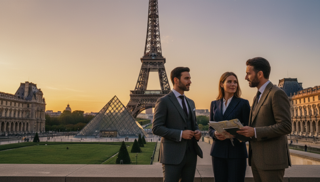 A luxurious private guided tour in Paris, focused on special occasions at iconic landmarks such as the Eiffel Tower and the Louvre. In the foreground, a small group of elegantly dressed individuals—two couples in professional business attire—are engaged in conversation with a knowledgeable guide holding a set of maps and a tablet. The middle ground features the magnificent Eiffel Tower, bathed in soft, golden sunset light, while the Louvre's glass pyramid glimmers in the background, surrounded by lush green gardens. The scene captures a warm, romantic atmosphere, perfect for memorable experiences. Use cinematic lighting to enhance the textures of the scene, ensuring clarity and depth in 8k resolution. Aim for a slightly low-angle view to emphasize the grandeur of the landmarks. A luxurious private guided tour in Paris, focused on special occasions at iconic landmarks such as the Eiffel Tower and the Louvre. In the foreground, a small group of elegantly dressed individuals—two couples in professional business attire—are engaged in conversation with a knowledgeable guide holding a set of maps and a tablet. The middle ground features the magnificent Eiffel Tower, bathed in soft, golden sunset light, while the Louvre's glass pyramid glimmers in the background, surrounded by lush green gardens. The scene captures a warm, romantic atmosphere, perfect for memorable experiences. Use cinematic lighting to enhance the textures of the scene, ensuring clarity and depth in 8k resolution. Aim for a slightly low-angle view to emphasize the grandeur of the landmarks.