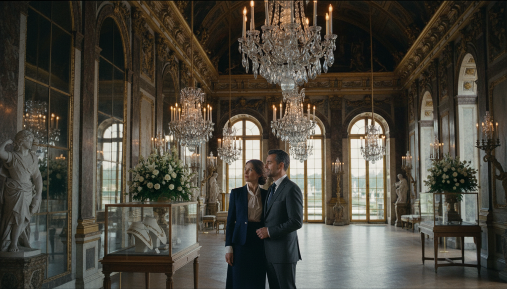 A luxurious private tour of the Palace of Versailles, showcasing an elegantly dressed couple in professional business attire, standing in the opulent Hall of Mirrors, surrounded by intricate golden details and magnificent chandeliers. In the foreground, the couple admires the glimmering reflections and rich decor, exuding a sense of wonder and intimacy. The middle ground features elegantly arranged historical artifacts and lush floral displays that enhance the grandeur of the scene. In the background, majestic arched windows reveal the beautifully manicured gardens of Versailles, bathed in warm, soft sunlight as it streams through. The atmosphere is one of sophistication and exclusivity, captured with raw photograph quality, cinematic lighting, and highly detailed textures, all in stunning 8k resolution. A luxurious private tour of the Palace of Versailles, showcasing an elegantly dressed couple in professional business attire, standing in the opulent Hall of Mirrors, surrounded by intricate golden details and magnificent chandeliers. In the foreground, the couple admires the glimmering reflections and rich decor, exuding a sense of wonder and intimacy. The middle ground features elegantly arranged historical artifacts and lush floral displays that enhance the grandeur of the scene. In the background, majestic arched windows reveal the beautifully manicured gardens of Versailles, bathed in warm, soft sunlight as it streams through. The atmosphere is one of sophistication and exclusivity, captured with raw photograph quality, cinematic lighting, and highly detailed textures, all in stunning 8k resolution.