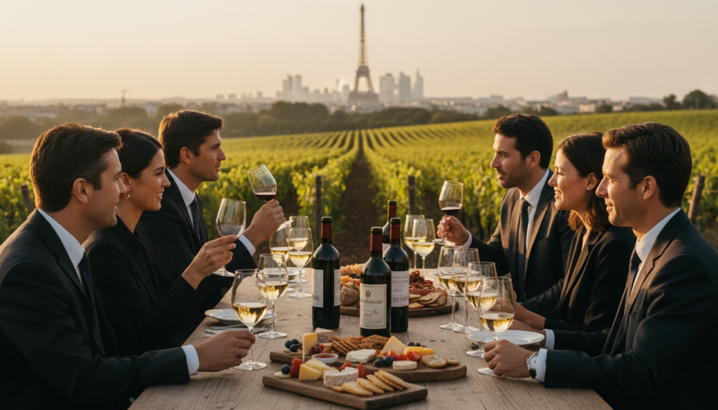 A luxurious private wine tasting tour set in an exclusive Parisian vineyard. In the foreground, an elegantly set table adorned with fine crystal glasses, a selection of premium wines, and gourmet cheese platters. In the middle, a diverse group of business professionals, dressed in stylish business attire, engaged in a lively discussion about the wines, their expressions reflecting sophistication and enjoyment. The background features picturesque rolling vineyards under a soft golden hour sun, with iconic Parisian elements like the Eiffel Tower visible in the far distance. The scene captures a warm, inviting atmosphere with cinematic lighting highlighting the textures of the wine bottles and glasses. Shot with an 85mm lens for a beautifully blurred background effect, creating a sense of intimacy and exclusivity. 8k resolution for highly detailed visuals. A luxurious private wine tasting tour set in an exclusive Parisian vineyard. In the foreground, an elegantly set table adorned with fine crystal glasses, a selection of premium wines, and gourmet cheese platters. In the middle, a diverse group of business professionals, dressed in stylish business attire, engaged in a lively discussion about the wines, their expressions reflecting sophistication and enjoyment. The background features picturesque rolling vineyards under a soft golden hour sun, with iconic Parisian elements like the Eiffel Tower visible in the far distance. The scene captures a warm, inviting atmosphere with cinematic lighting highlighting the textures of the wine bottles and glasses. Shot with an 85mm lens for a beautifully blurred background effect, creating a sense of intimacy and exclusivity. 8k resolution for highly detailed visuals.
