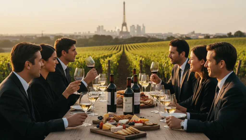 Isang marangyang pribadong wine tasting tour na nagaganap sa isang eksklusibong ubasan sa Paris. Sa harapan, isang eleganteng mesa na pinalamutian ng mga magagandang kristal na baso, iba't ibang uri ng premium na alak, at mga gourmet cheese platter. Sa gitna, isang magkakaibang grupo ng mga propesyonal sa negosyo, na nakasuot ng mga naka-istilong kasuotan sa negosyo, ay nakikibahagi sa isang masiglang talakayan tungkol sa mga alak, ang kanilang mga ekspresyon ay sumasalamin sa sopistikasyon at kasiyahan. Nagtatampok ang background ng mga kaakit-akit na umuugong na ubasan sa ilalim ng malambot na ginintuang araw, na may mga iconic na elemento ng Paris tulad ng Eiffel Tower na makikita sa malayo. Nakukuha ng eksena ang isang mainit at nakakaengganyong kapaligiran na may cinematic lighting na nagtatampok sa mga texture ng mga bote at baso ng alak. Kinunan gamit ang isang 85mm lens para sa isang magandang blurred na background effect, na lumilikha ng isang pakiramdam ng pagiging malapit at eksklusibo. 8k resolution para sa mga detalyadong visual.