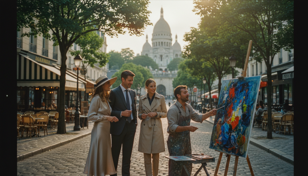 A luxurious scene capturing art and culture tours in Paris, featuring a stylish group of travelers in elegant attire strolling through the enchanting streets of Montmartre. In the foreground, a diverse group of three individuals admires a colorful street artist painting on a canvas, their expressions filled with wonder. The middle ground showcases iconic Parisian architecture, including charming cafes and the Sacré-Cœur Basilica in soft focus. The background is illuminated by soft, warm sunlight filtering through leafy trees, creating a romantic atmosphere. The image is shot with a wide-angle lens to capture the vibrancy of the scene, and cinematic lighting enhances the textures of the buildings and art, rendered in stunning 8k resolution. A luxurious scene capturing art and culture tours in Paris, featuring a stylish group of travelers in elegant attire strolling through the enchanting streets of Montmartre. In the foreground, a diverse group of three individuals admires a colorful street artist painting on a canvas, their expressions filled with wonder. The middle ground showcases iconic Parisian architecture, including charming cafes and the Sacré-Cœur Basilica in soft focus. The background is illuminated by soft, warm sunlight filtering through leafy trees, creating a romantic atmosphere. The image is shot with a wide-angle lens to capture the vibrancy of the scene, and cinematic lighting enhances the textures of the buildings and art, rendered in stunning 8k resolution.