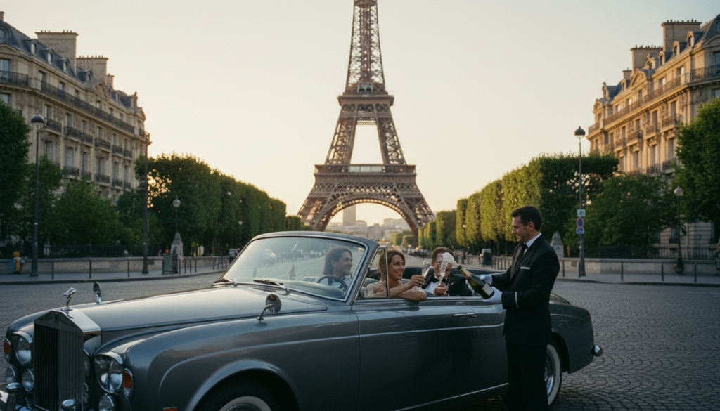 A luxury car tour through the streets of Paris, showcasing a sleek, elegant vehicle parked near the iconic Eiffel Tower. In the foreground, an attentive chauffeur in a smart, professional suit holds an open champagne bottle, poised to serve two elegantly dressed passengers enjoying the stunning view. The middle ground features lush green trees lining the picturesque avenue and classic Parisian architecture. The background captures the majestic Eiffel Tower bathed in the warm glow of a sunset, casting soft golden light across the scene. The atmosphere is sophisticated and indulgent, reflecting a high-end experience, with highly detailed textures in 8k resolution. The image should convey a sense of opulence and leisure, evoking the essence of luxury travel in the City of Light.